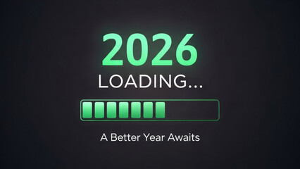 Graphic concept showing year 2026 loading with green progress bar on dark background for futuristic countdown anticipation time passing and progress