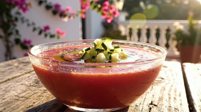 A bowl of chilled gazpacho served outdoors in sunlight