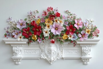 Fototapeta premium Elaborate multicolored floral arrangement adorns a classical white architectural mantelpiece