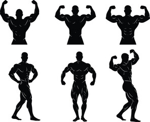 Obraz premium Vector silhouette set of muscular bodybuilders posing, male fitness models, bodybuilding competition icons, gym workout symbols, isolated on white background