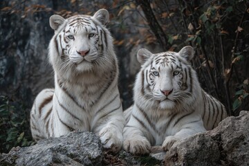 Naklejka premium Two majestic white tigers with striking blue eyes, resting on rocks in a natural setting