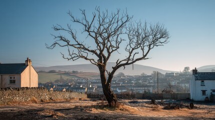 Solitary bare tree in a frosty rural landscape with a village and hills in the background during a winter morning