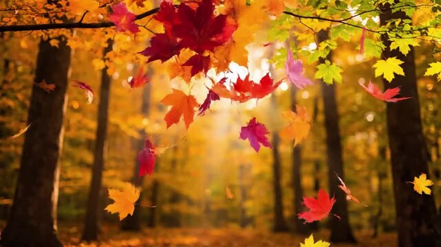 Wind-swept Cascade A wide shot capturing a significant gust of wind dislodging a dramatic flurry of leaves from multiple trees simultaneously, creating a