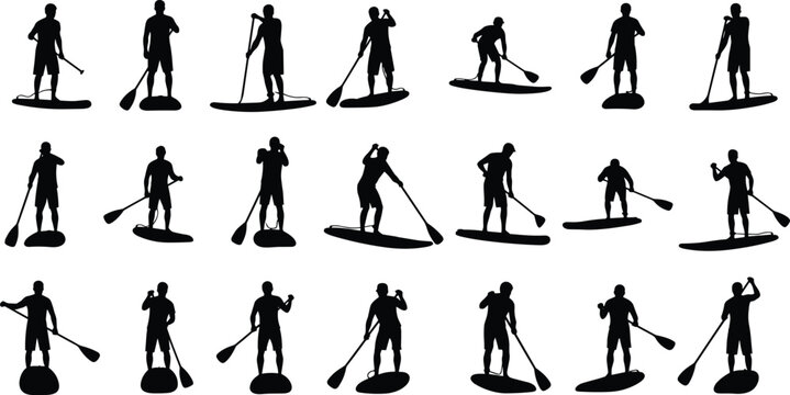 Stand up paddleboard silhouettes set, sup boarders rowing on water, summer water sports collection, man paddling on surfboard, black vector icons.