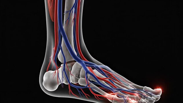 Medical illustration of human leg arteries and veins on a black background