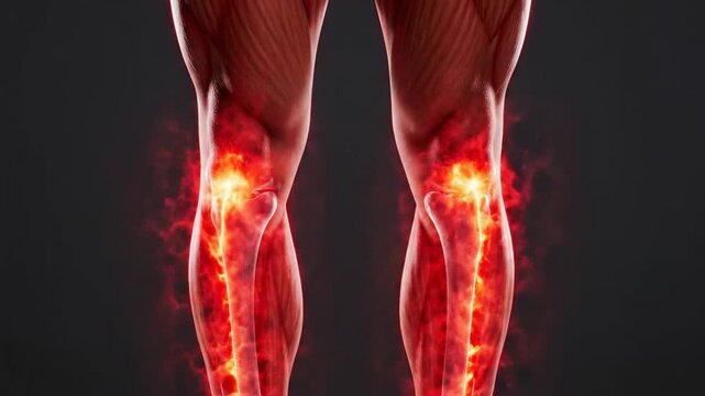 Medical illustration of human leg bones and musculature on dark background