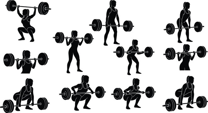 Woman weightlifting silhouette set, female athlete performing barbell squats, deadlifts, and overhead presses for gym fitness, strength training, and bodybuilding exercises