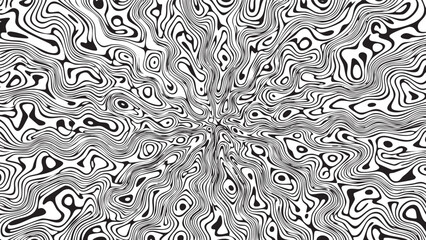 Intricate black and white abstract illustration with swirling lines and optical illusion.
