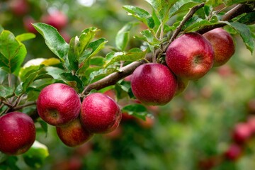 Red apples ripening on tree branch in orchard