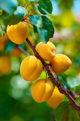 Ripe yellow apricots hanging on tree branch, vertical