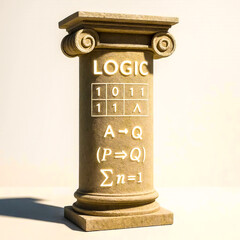 Naklejka premium Ancient Greek Column with AI Logic and Math Formulas
