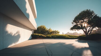 Modern minimalist architecture featuring a clean white building facade and a large pine tree in a sunny courtyard during golden hour