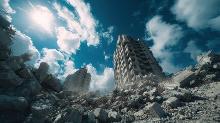Ruined apartment buildings in a destroyed city under a bright blue sky with sun flare