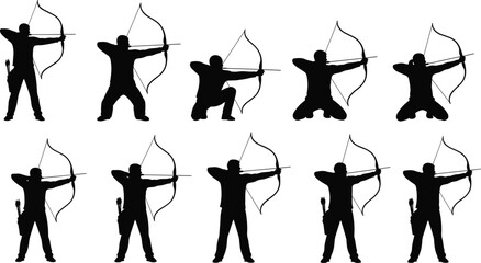 Set of archery silhouettes, professional archers aiming with bows and arrows, shooting action poses, sport competition icons, hunter training, isolated on white.