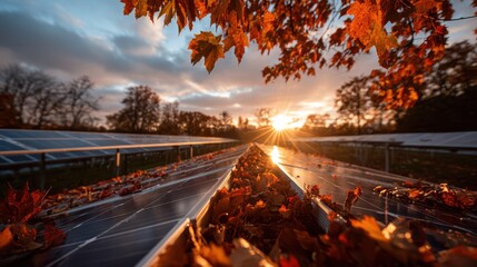 Solar Panels Covered with Falling Autumn Leaves at Sunset