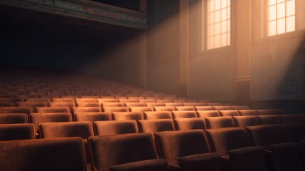 A dimly lit theater with rows of empty seats, illuminated by soft beams of sunlight filtering through large windows.
