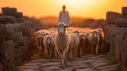 A shepherd guides a flock of sheep along a stone path at sunset, creating a serene and pastoral atmosphere.