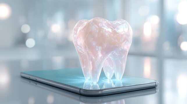 Holographic 3D model of a human tooth rising from a smartphone screen, representing digital dentistry and mobile dental health applications