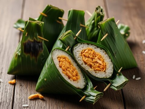 Traditional Indonesian lemper made of glutinous rice filled with seasoned chicken and wrapped in banana leaves. Popular Javanese snack and street food.