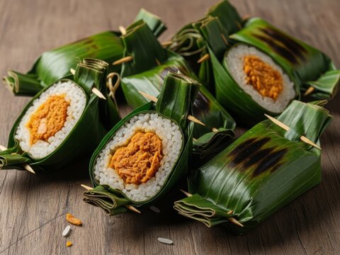 Traditional Indonesian lemper made of glutinous rice filled with seasoned chicken and wrapped in banana leaves. Popular Javanese snack and street food.