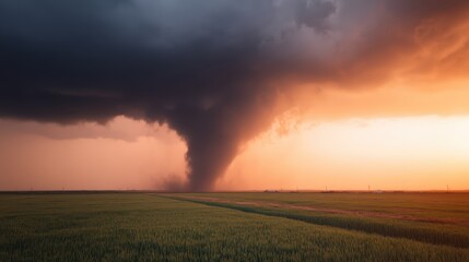 A dramatic tornado descends from dark storm clouds over a vast green field, illuminated by the warm glow of a sunset.