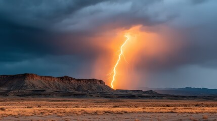 A dramatic lightning strike illuminates the sky above rugged mountains, contrasting dark clouds with a striking orange glow over a barren landscape.