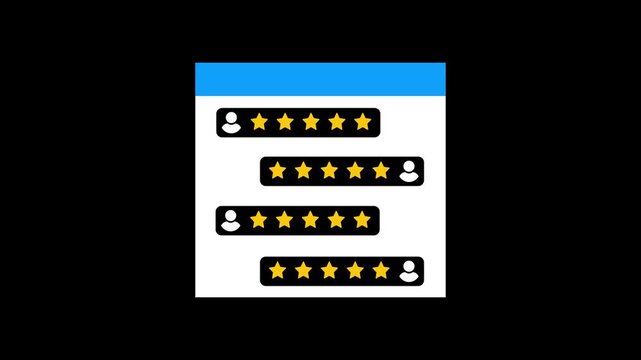 Abstract animation of website interface with five star user reviews and analytics graphs