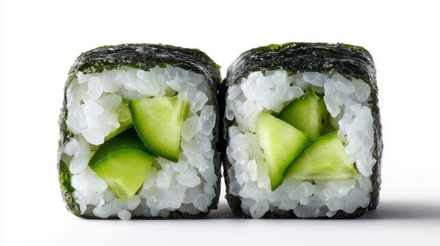 Two pieces of cucumber maki sushi (kappa maki) isolated on white background