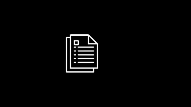 Simple white line icon representing documents or reports on black background loop