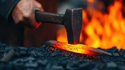 A blacksmith hammers a glowing metal piece in a forge, surrounded by glowing coals and fire, showcasing traditional metalworking skills.