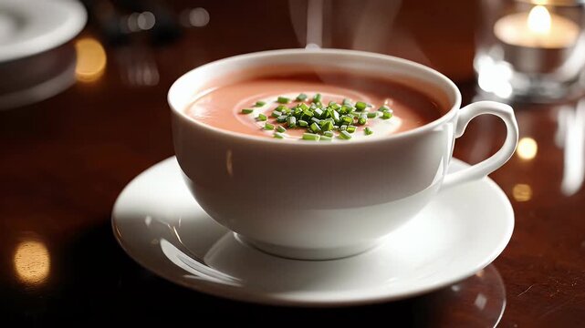 A warm bowl of creamy lobster bisque with chives
