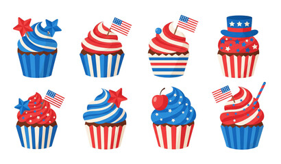 Obraz premium Cute 4th of July cupcake desserts with patriotic toppings flat doodle vector collection isolated on transparent background