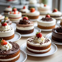Variety of Mini Cakes with Chocolate and Strawberry Toppings Close Up