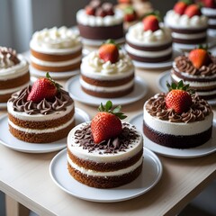 Assorted Mini Layer Cakes on White Plates in Bakery Display