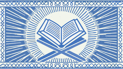 A modern ramadan mubarak silhouette poster featuring a radiant blue open book with crossed swords with Art