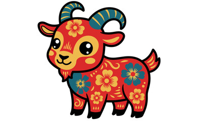 Fototapeta premium Cute and decorative goat illustration inspired by traditional Asian art. Features a red goat with floral patterns, bold outlines. Vector Illustration.