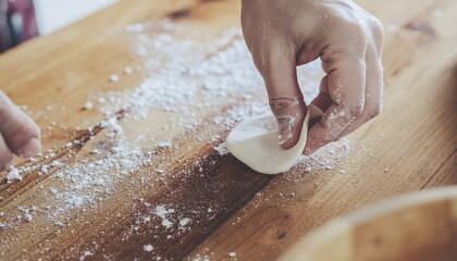 Close-up of hands folding fresh dough on a wooden board with flour