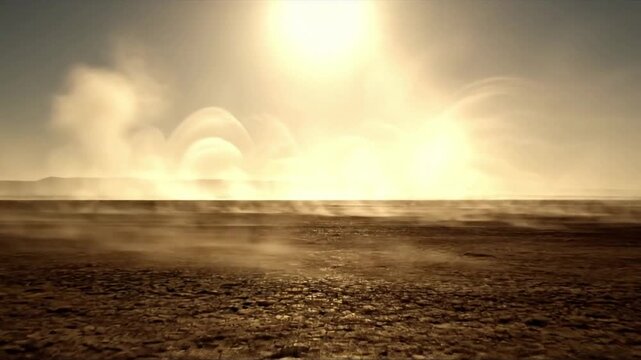 Summer Field Heat Haze Medium shot across vast, dry golden wheat fields or parched grasslands under a clear, hot summer sky. Subtle yet visible heat haze