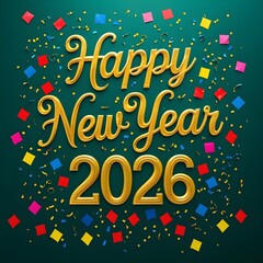 Festive Happy New Year 2026 Gold Lettering with Confetti on Green Gradient