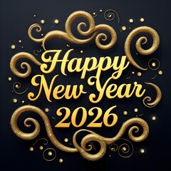Happy New Year 2026 Gold Cursive Typography on Black Background