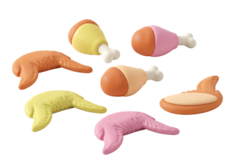 Cartoon Chicken Parts Isolated Against White Plain Background