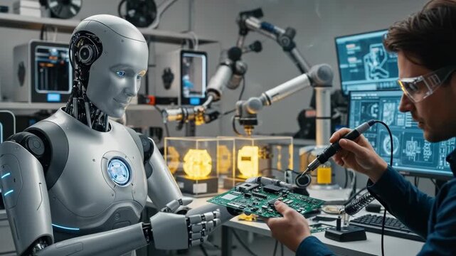 Human engineer and advanced robot collaborate on a complex circuit board in a technology laboratory