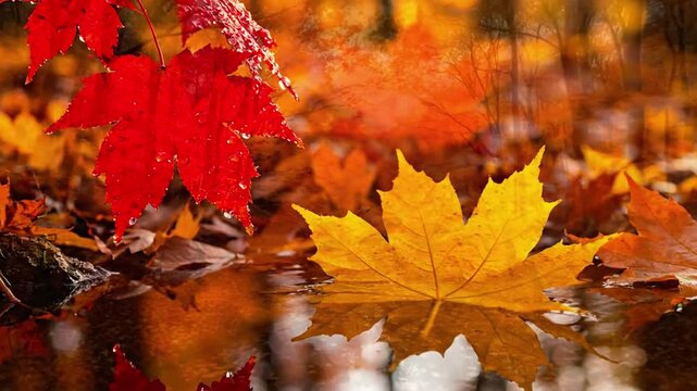 Autumn Leaf Carpet Wide, low-angle shot showcasing a vibrant, thick layer of fallen maple leaves on the forest floor. autumn maple leaves
