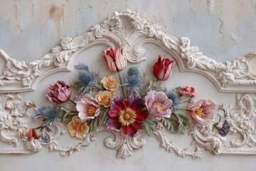 Ornate plaster carving features a vibrant, three-dimensional floral arrangement set against a distressed pale background.