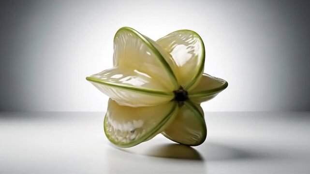 Close-up of a ripe star fruit sliced to reveal its unique shape and texture.