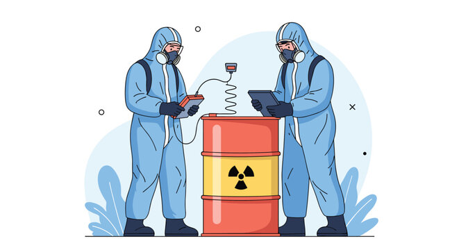 Scientists in protective hazmat suits and masks examining a red barrel of radioactive waste with digital devices.