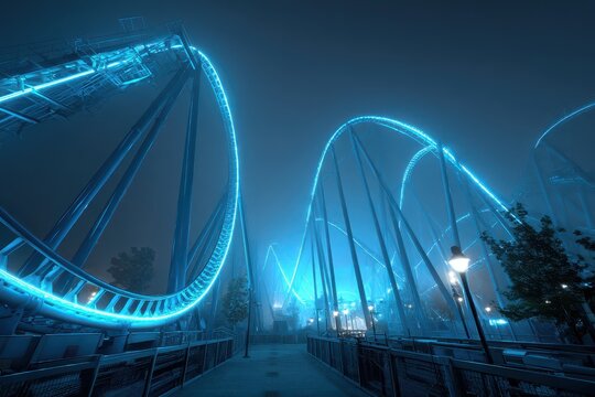 Blue neon lights illuminate a foggy amusement park roller coaster at night. Use for themes of excitement, adventure, or summer vacation fun.