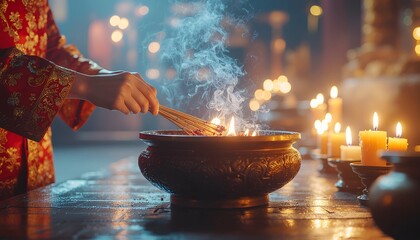 Hands in traditional red robe lighting incense sticks in ceremonial golden censer with smoke and glowing candles.