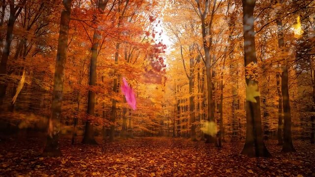 Forest Floor Accumulation Close-up shot of individual vibrant leaves landing softly on a bed of already fallen foliage, showing the subtle ripple effect and tex