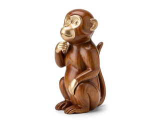 Wooden monkey with gold face on white